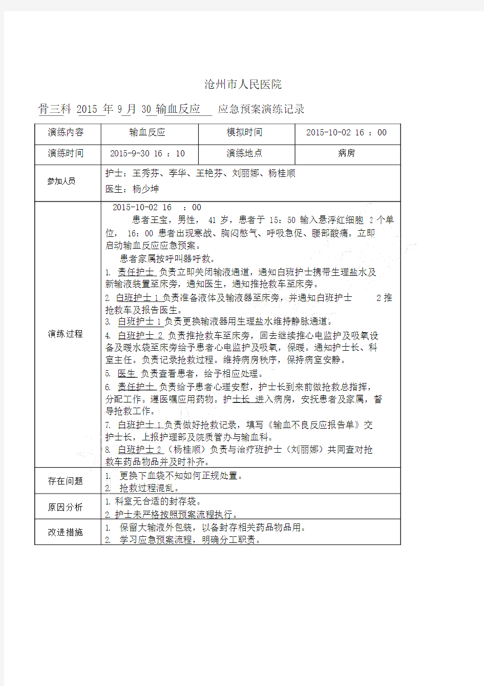 输血反应应急预案演练记录