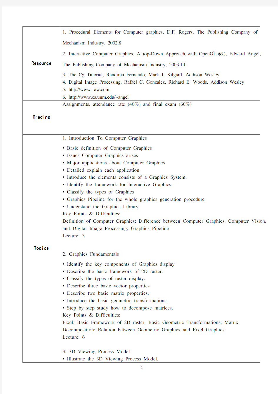 四川大学计算机图形学Computer Graphics教学大纲