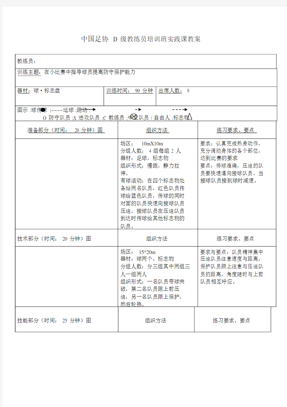 中国足协D级教练员培训班的实践课教案.doc