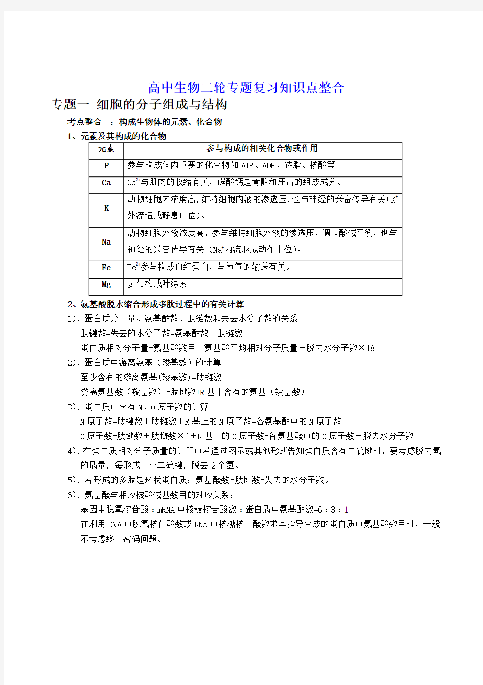 高中生物二轮专题复习知识点整合100