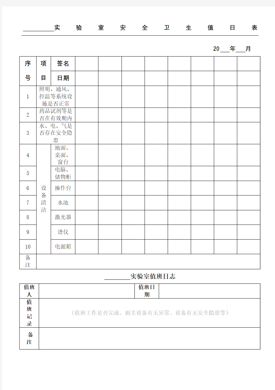 实验室安全卫生值日表格模板、值班日志