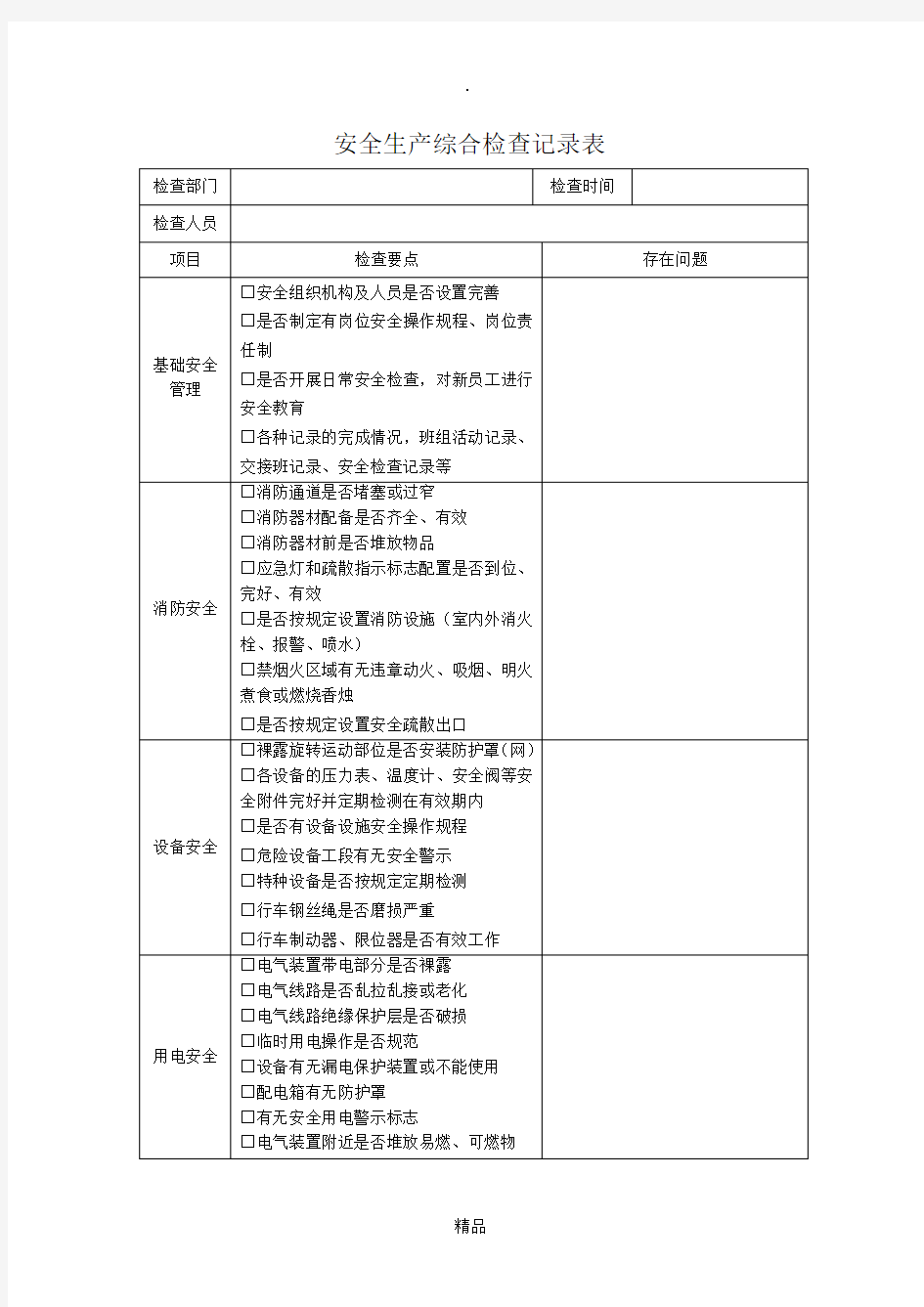 安全生产综合检查记录表