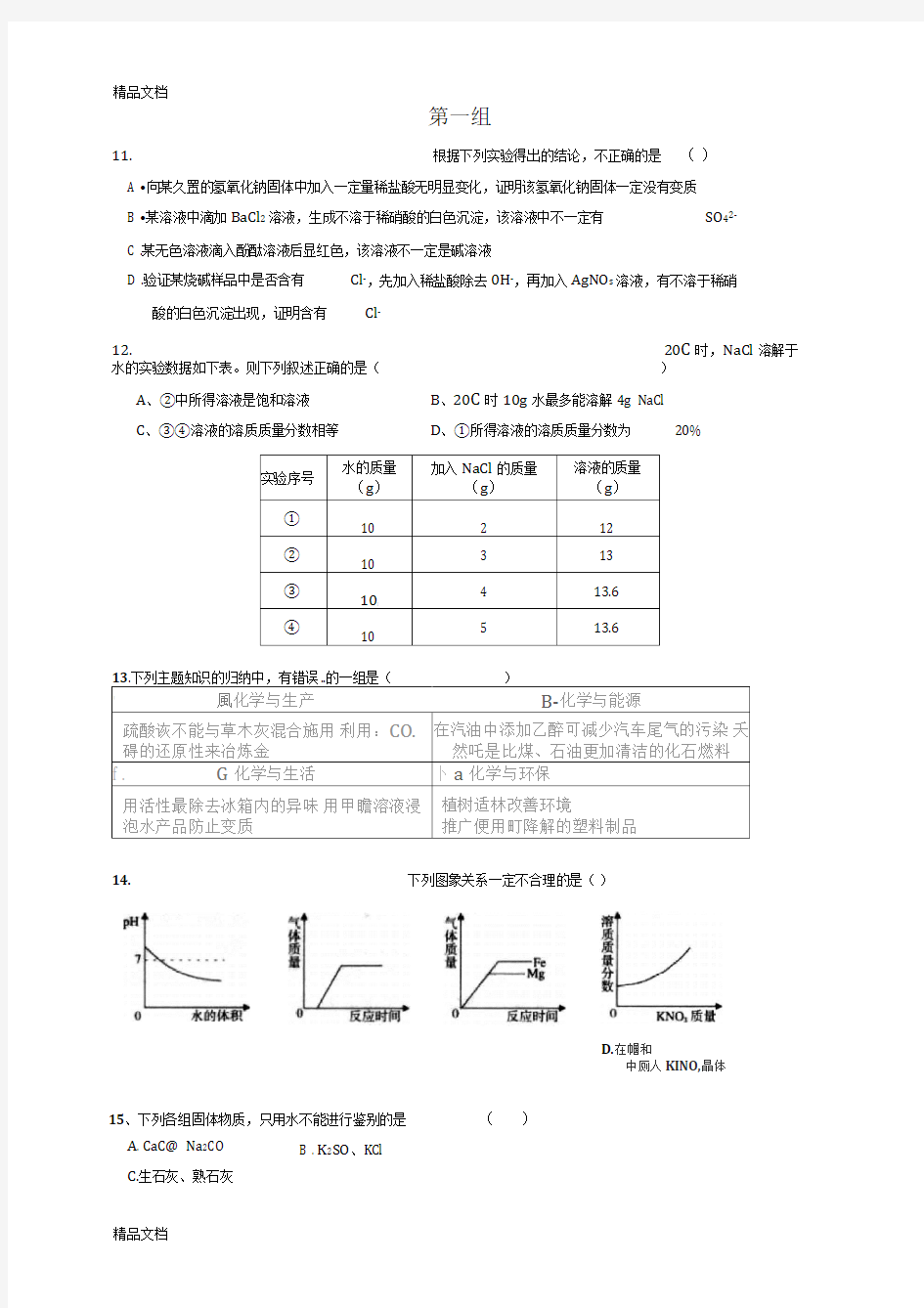 最新初三化学不定项选择题组