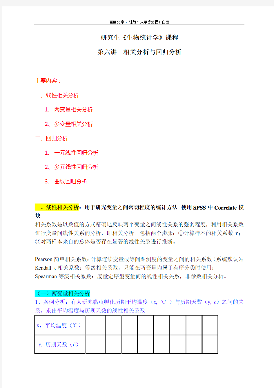 生物统计上机操作第六讲相关分析与回归分析